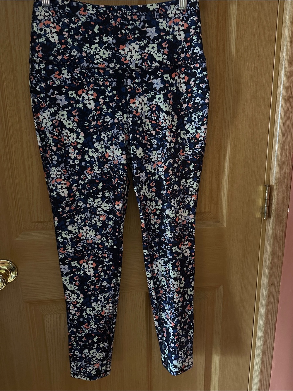 MTA Sport Navy Floral Print Leggings with Coral and White Accents